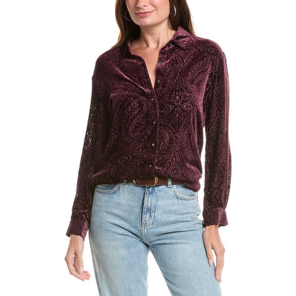 Johnny Was Womens Maisen Button-Down Silk-Blend Tunic, Red
